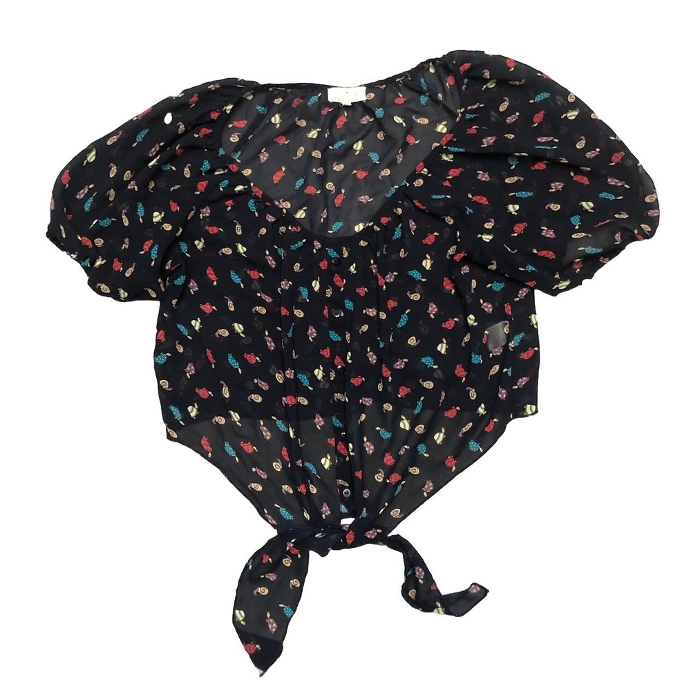 Ember Crop Top L Navy Button Up Blouse Turtles Snails Sheer Front Tie Vtg Y2K